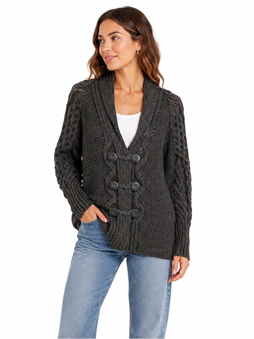 Inis Crafts Aran Merino Wool Cable Knit Double Button Fisherman Cardigan Ireland